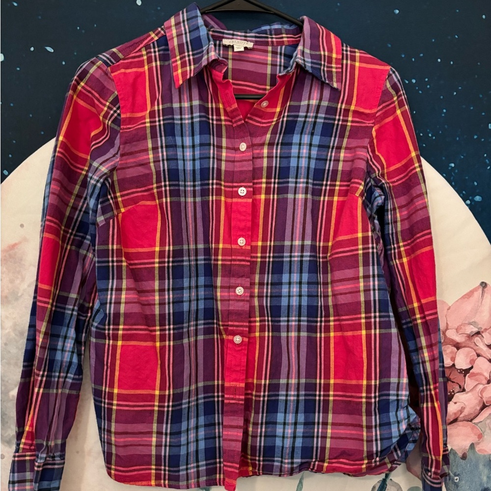 Talbots hot pink, blue, and yellow plaid long sleeve button up
